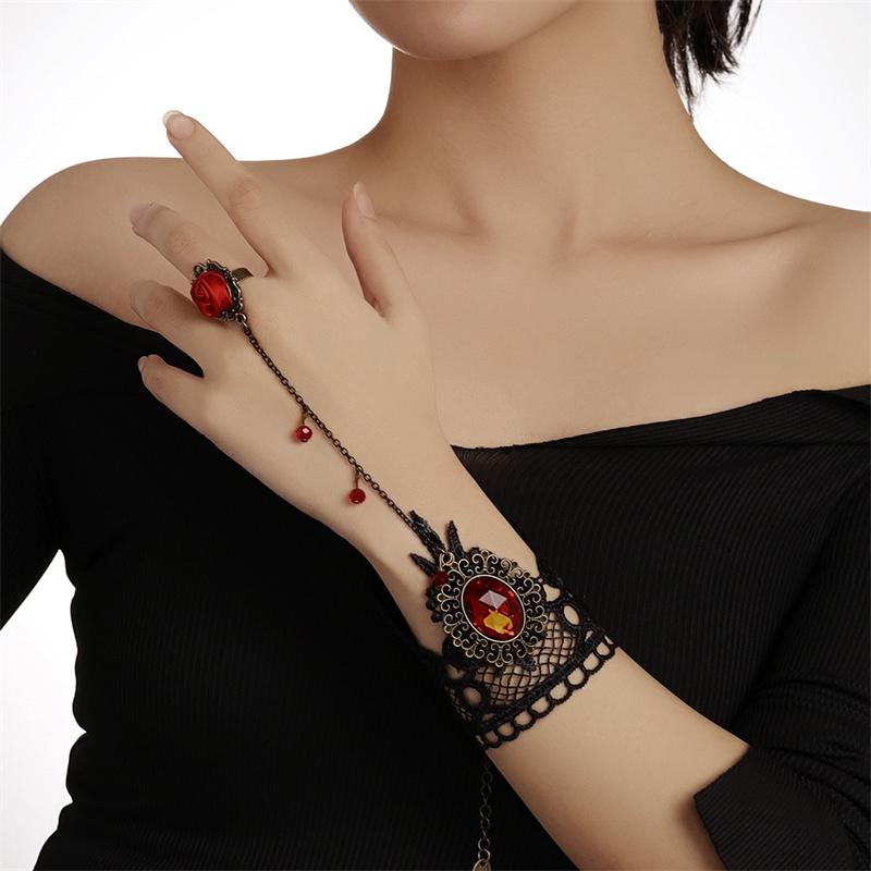 Black Lace Red Rose Finger Bracelet With Ring Harness Slave Link With Ring Bracelet Accessories Party For Women