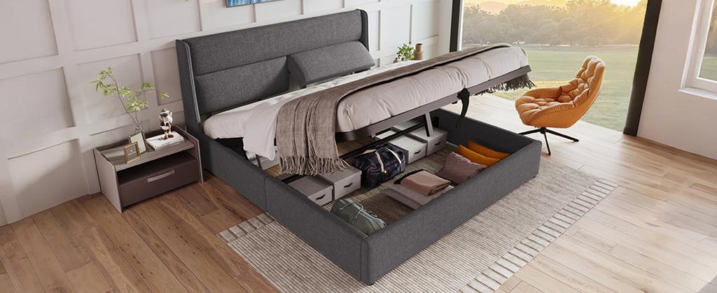 Upholstered Bed 160x200cm with Adjustable Headrests, Hydraulic Frame, Storage, Linen Material, Metal Slatted Frame, Grey (With Mattress)