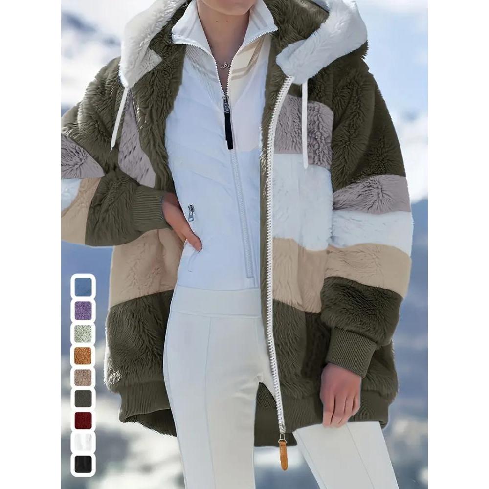 Elegant Fleece-Lined Hooded Jacket with Zip Pockets for Fall/Winter