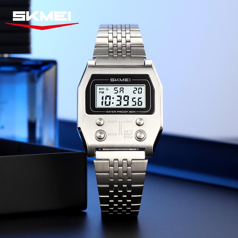 SKMEI 2460 Waterproof Digital Watch for Men Stainless Steel Sport Luxury Retro LED Electronic Mens Wristwatches Reloj Hombre