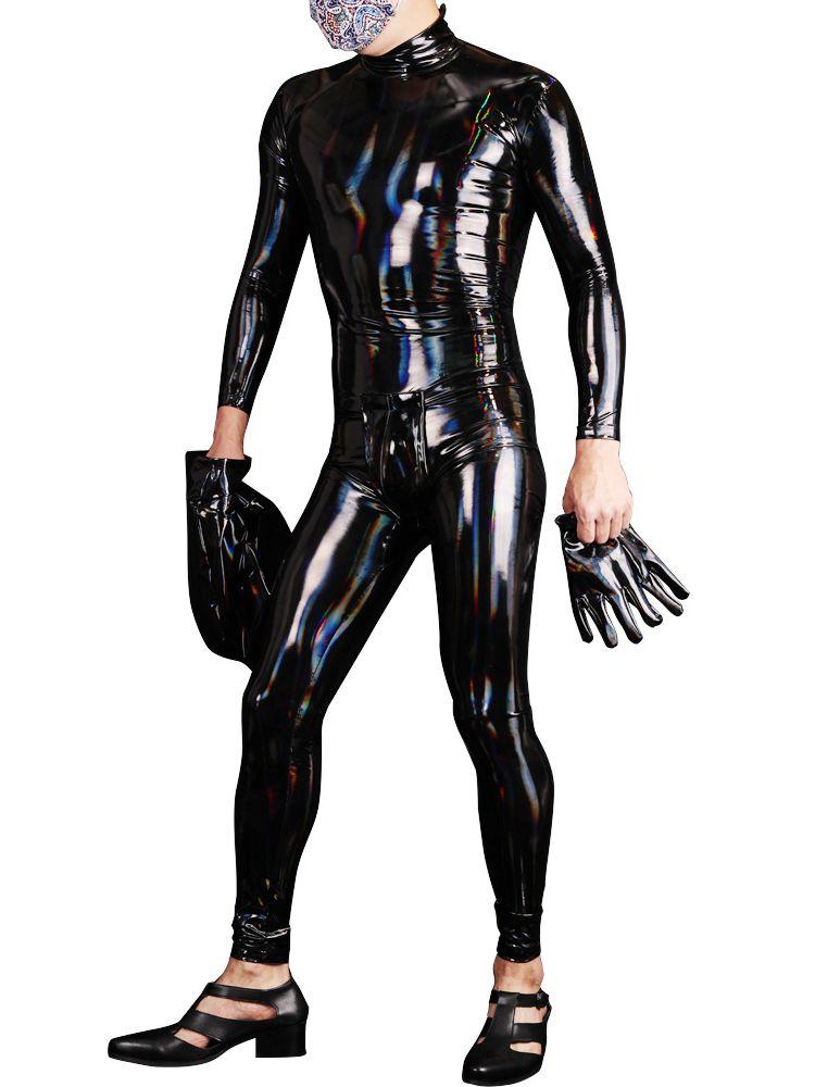 M-4Xl Laser Shiny Faux Pu Leather Bodysuit Wet Look Pvc Catsuit Mens Cosplay Zentai Outfit Tight Leotard Conjoined Jumpsuit Body