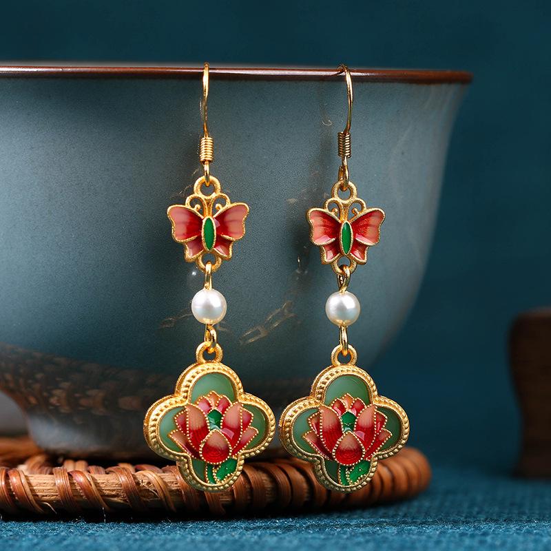 925 Silver Enamel Painted Butterfly & Flower Earrings - Retro Chinese Qipao Style for Women