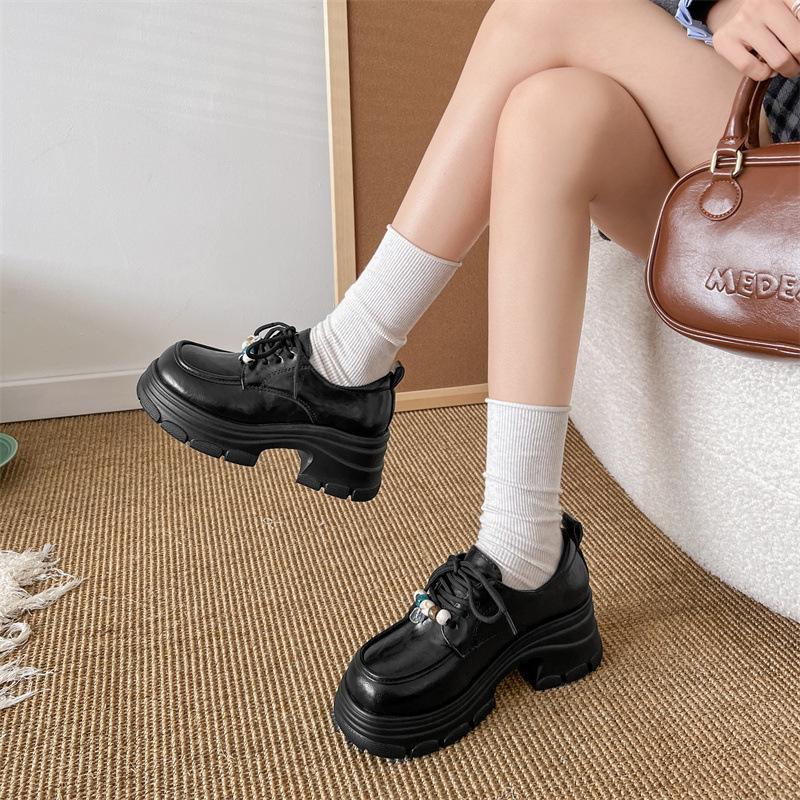 Thick Heel Loafers Lace-up Women's Shoes 2025 New Autumn British Style Small Leather Shoes Fashion Leather Shoes Versatile Casual Shoes