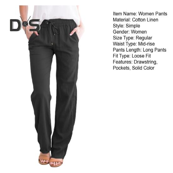 Damen Freizeithose, elastischer Kordelzug in der Taille, lange Hose mit Taschen, einfarbig, lockere Passform, Hose mit weitem Bein