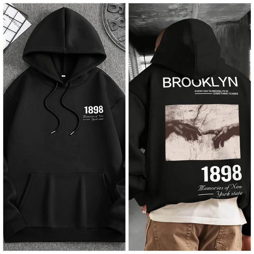 Men's and Women's Retro Brooklyn 1898 Pattern Printed Fashionable Retro Sweatshirt Casual Street Style Autumn and Winter