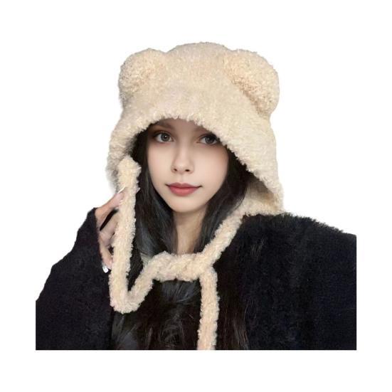 Winter Cute Bear Ears Knit Hat for Women Fuzzy Slouchy Crochet Hat Soft Plush Warm Hat with Ear Flap
