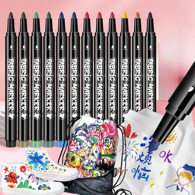 Stoffmalstifte Permanent, 12/24 Farben Doppelspitze mit feiner und Keilspitze Malstifte für Kleidung Leinwandtaschen T-Shirt und Schuhe