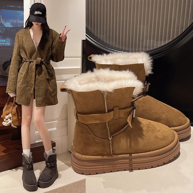 Thick-soled Snow Boots, Integrated Fur, Piled and Thickened Two-wear Flip Short Cotton Boots