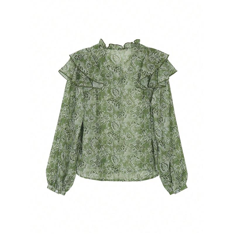 New Arrival Women's Botanical Print Off-Shoulder V-Neck Long-Sleeved Patchwork Ruffled Oversized Shirt