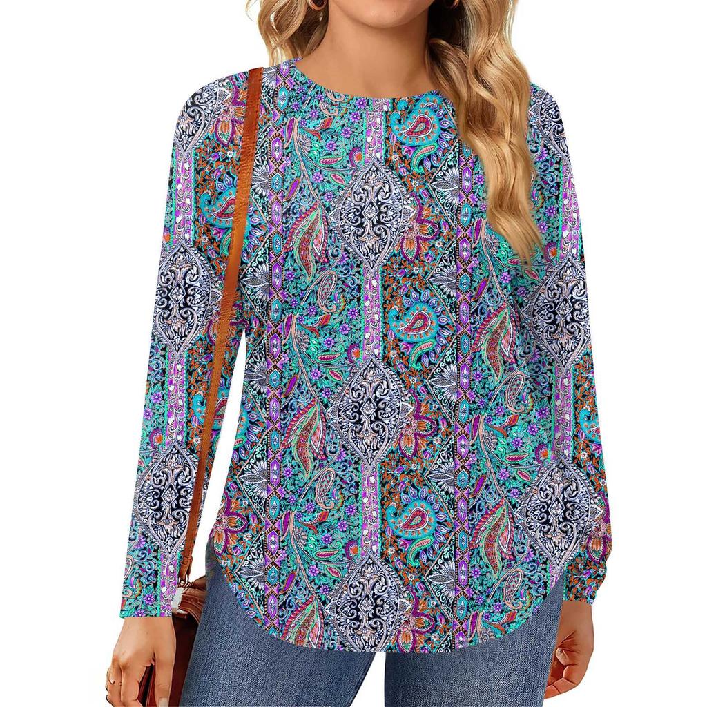 Womens Plus Size Tops Long Sleeve Shirts Round Neck Flowy Tunic Casual Loose Blouse L-5X