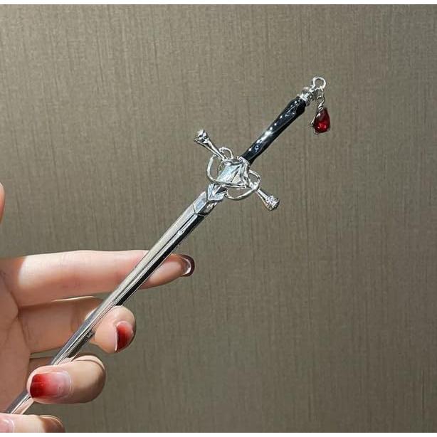 Silver-tone Sword Hairpin with Red Gem Charm - Single Prong Kanzashi Hair Stick for Japanese and Western Outfits - Ideal for Summer Festivals,