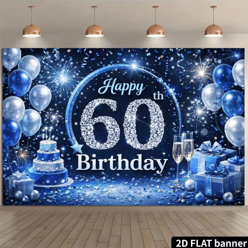 2D Blue Silver Themed 60th Birthday with Confetti & Sparkles Photography Background