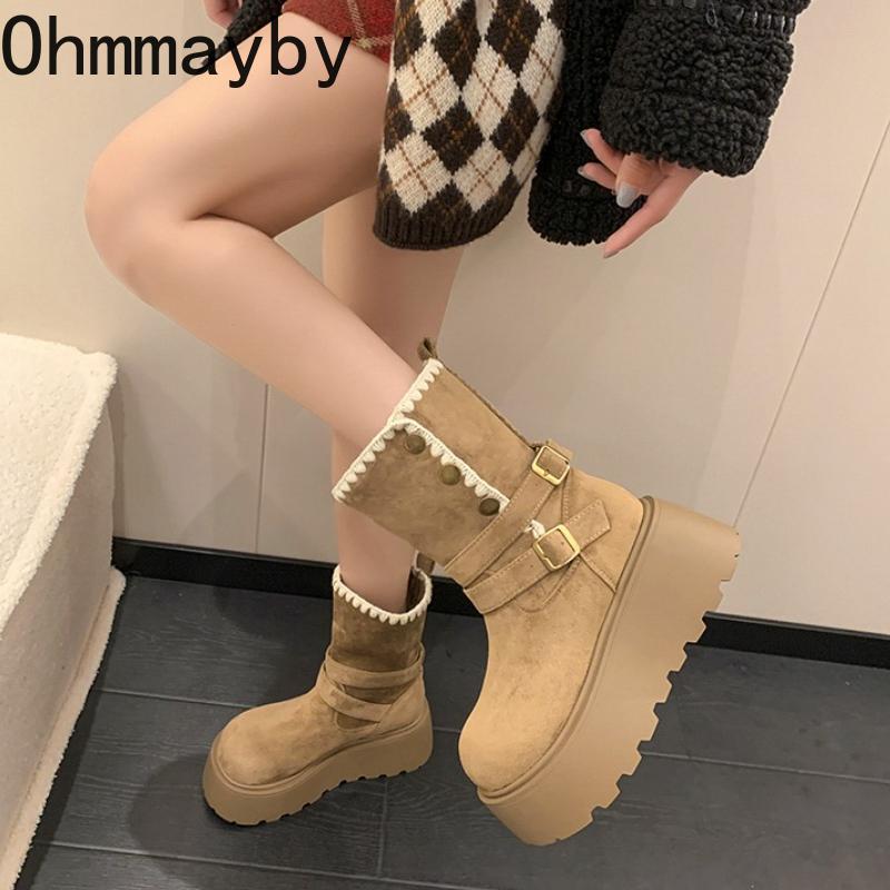 Winter Fashion Chunky Women Ankle Boots Height Increase Women's Short Plush Shoes Female Belt Buckle Platform Short Booties