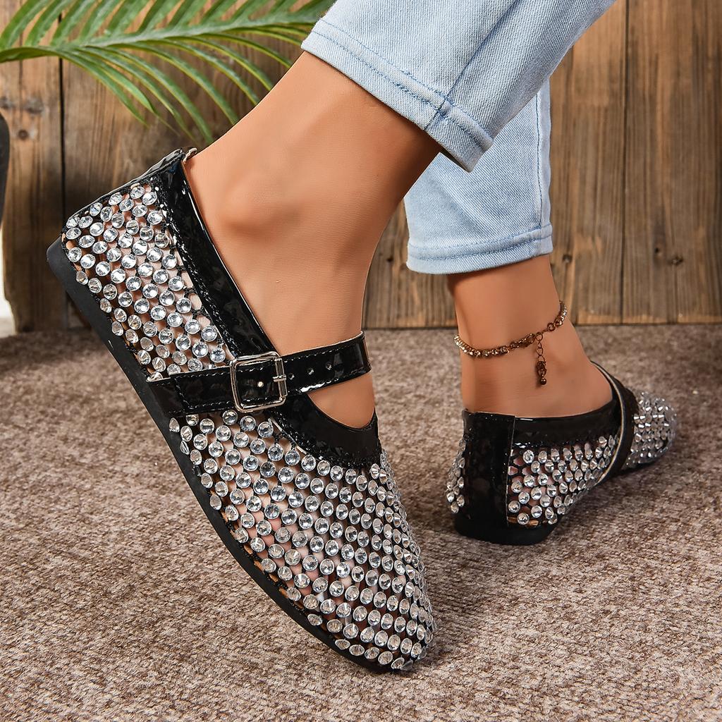 Fashion Women Sandals Mesh Rhinestone Women Ballet Flat Loafers Shoes Summer Luxury Sandals Ladies Round Toe Women Sandals  Womens Shoes