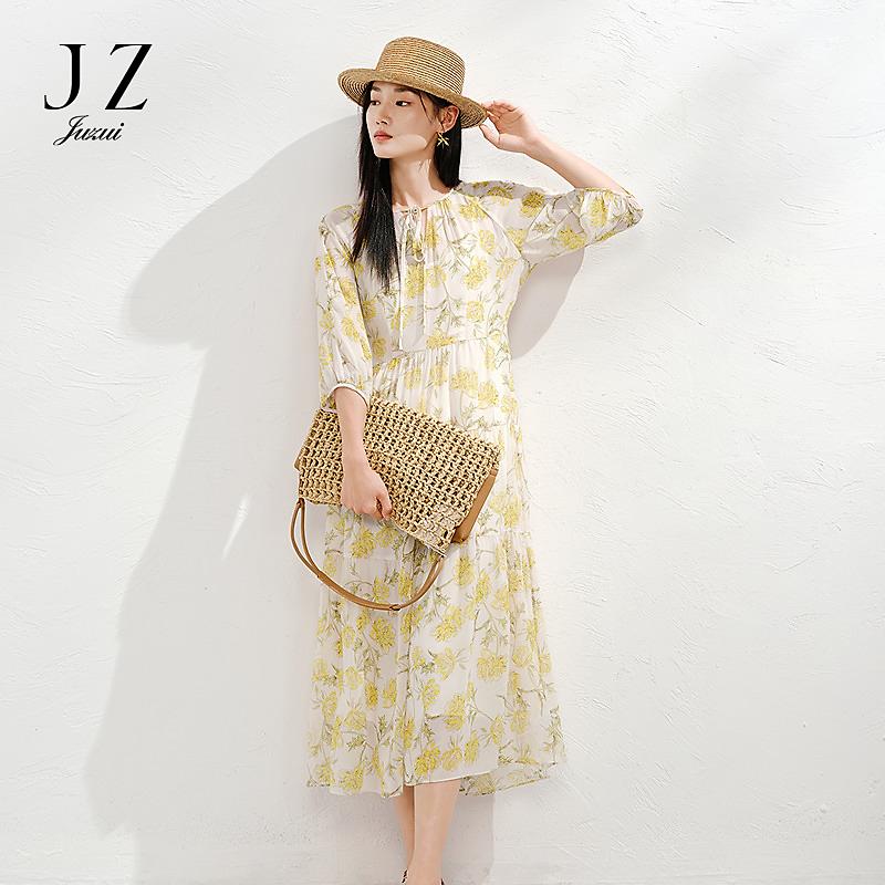 Jiuzi Anna Kou 100% Mulberry Silk Autumn Chrysanthemum Flap Waist Dress for Women 2025 Summer New Style