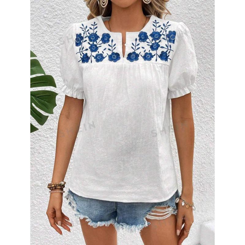 Bohemian bestickter V-Ausschnitt Kurzarm Pullover für Damen - Frühling/Sommer Stil