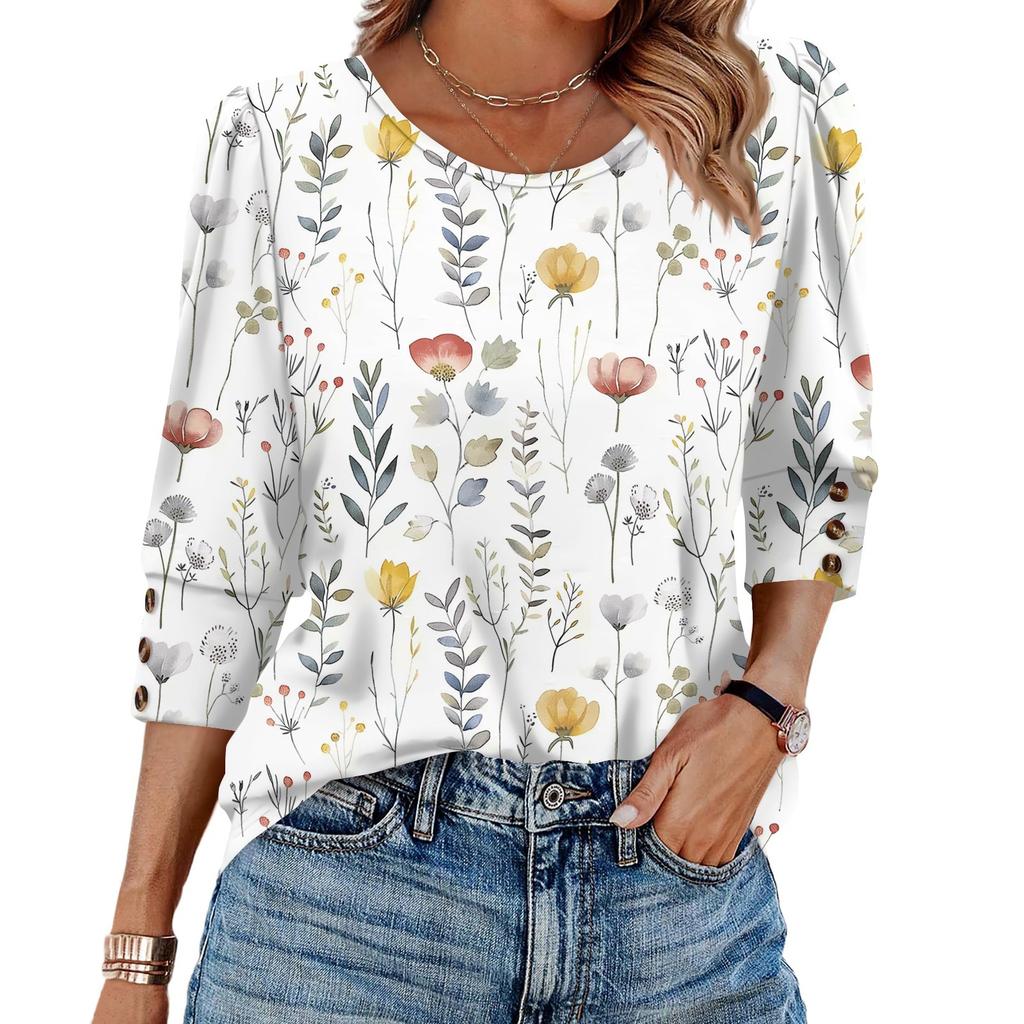 Womens Tops 3/4 Sleeve With Buttons Casual Blouses Summer Outfits Beach Vacation Clothes