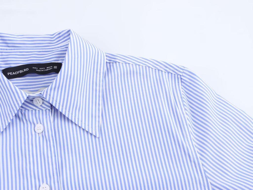 2025 Spring/Autumn Floral Print Blue Striped Loose Fit Long Sleeve Shirt with Turn-Down Collar