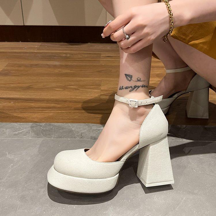 Fashion Retro square toe Mary Jane shoes embroidered thick heels thick waterproof platform buckle strap high heels single shoes