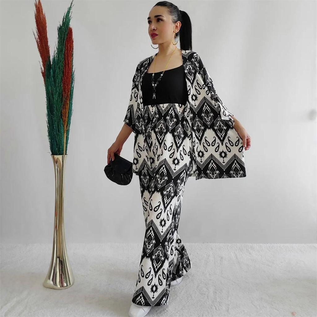 Temu 2024 Summer Women's Loose Plus Size Printed Set: Mid-Sleeve Shirt & Wide-Leg Pants