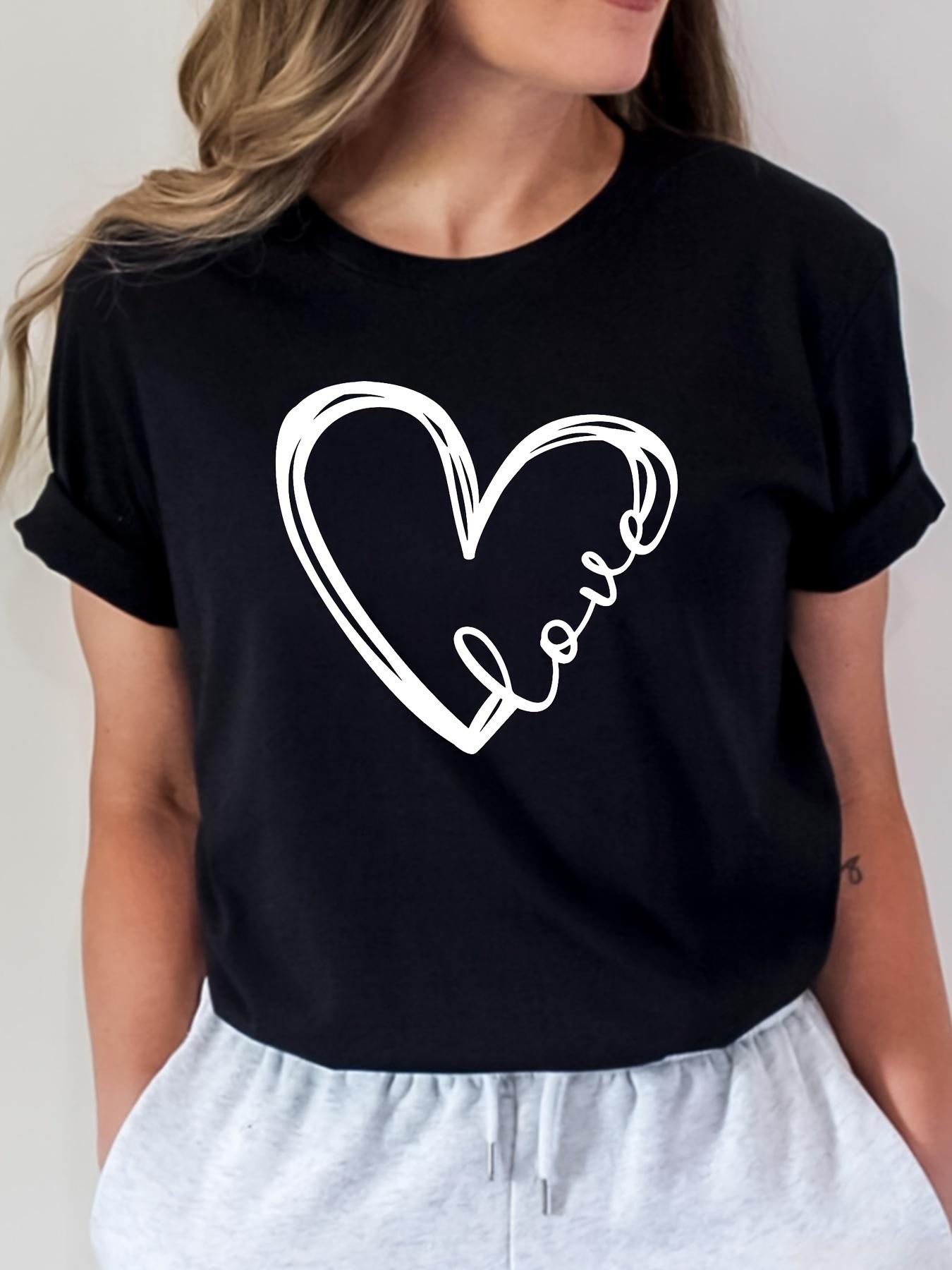 

Love Heart Print T-shirt, Short Sleeve Crew Neck Casual Top for Summer & Spring, Women s Clothing 4XL чорний