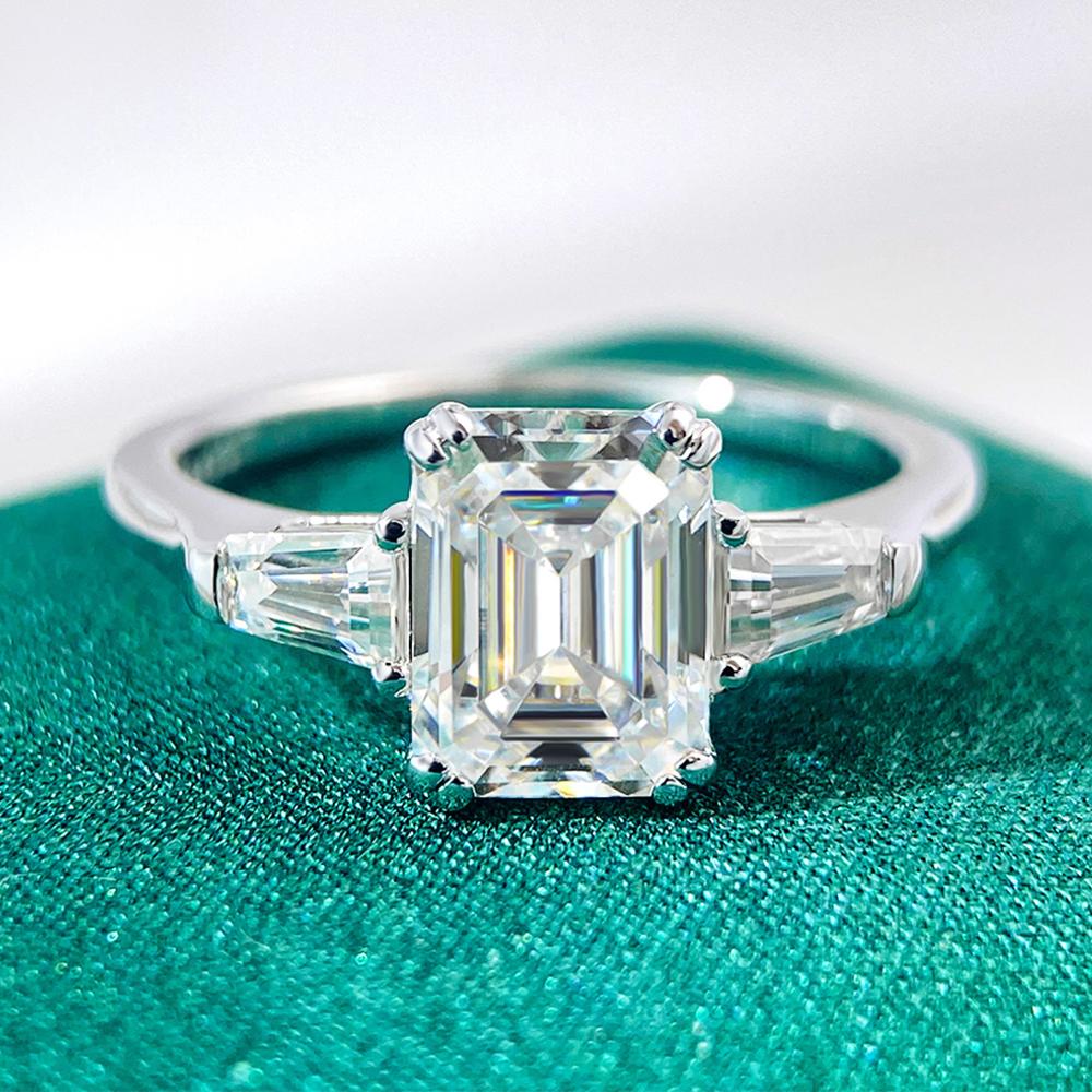 1-4 Carat Emerald Cut Moissanite Rings for Women D VVS1 Three Stone Diamond Engagement Ring Side Baguettes  CopperJewelry