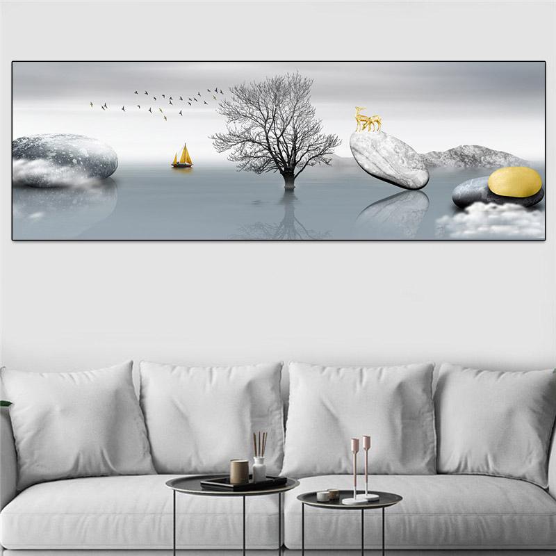 

Пейзаж Золотая гора плакаты и принты холст картина дерево лодка олень Куадрос свет Роскошное настенное искусство гостиная домашний декор 20x60cm No Frame