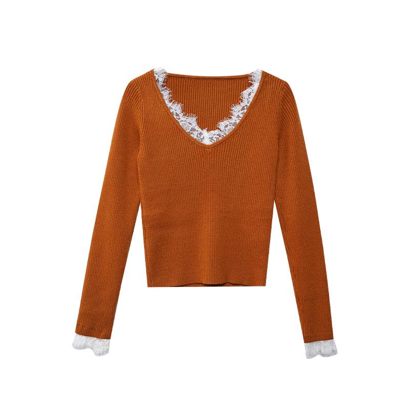 

Новинка 2024 Кружевной свитер с V-образным вырезом приталенного силуэта для женщин F2389 Medium оранжевый