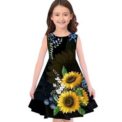 Sommer Ärmellose Rundhals Westenkleider Prinzessinkleider Niedliches 3D-Druck Sonnenblumenmuster Mädchenkleider
