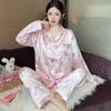 Summer High-End Green Fashion Lapel Pajamas Women'S Long-Sleeved Trousers Plant Flower Loungewear Set