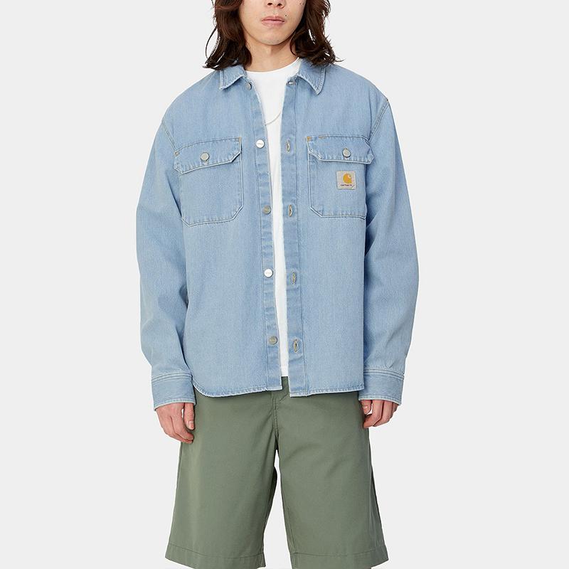Carhartt WIP Harvey Shirt Jac Washed Button Closure Square Label Denim Jacket Men jackets Light-Blue I033346-01-12