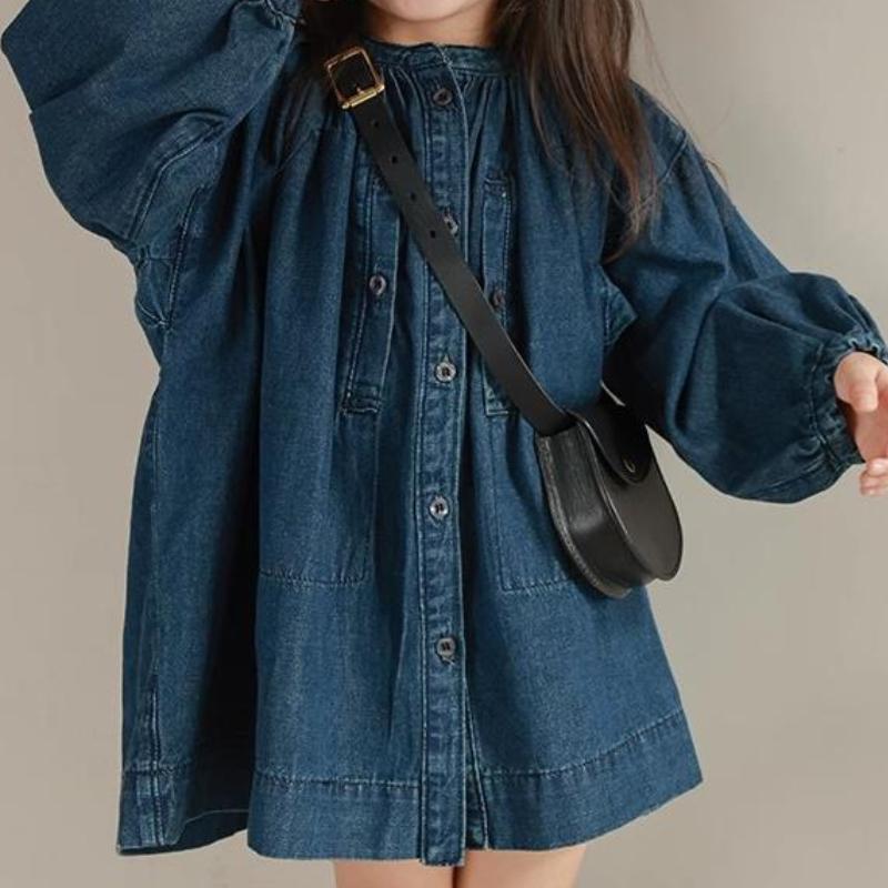 Girls Long Sleeve Dress Solid Color Denim Dress Children Spring Autumn Loose Casual Buttons Tops Dresses for Kids
