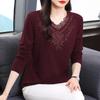 Damenbekleidung Herbst Winter Stilvolle Strassspitze Patchwork Dicke Basic T-Shirts Damen Einfarbig V-Ausschnitt Langarm Locker Oberteile