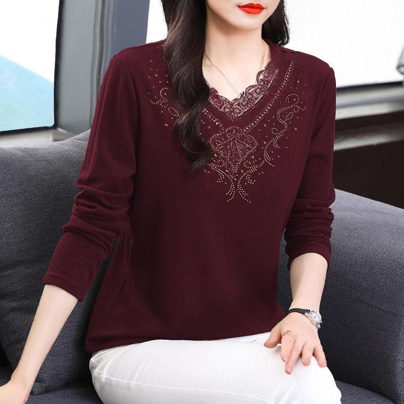 Damenbekleidung Herbst Winter Stilvolle Strassspitze Patchwork Dicke Basic T-Shirts Damen Einfarbig V-Ausschnitt Langarm Locker Oberteile