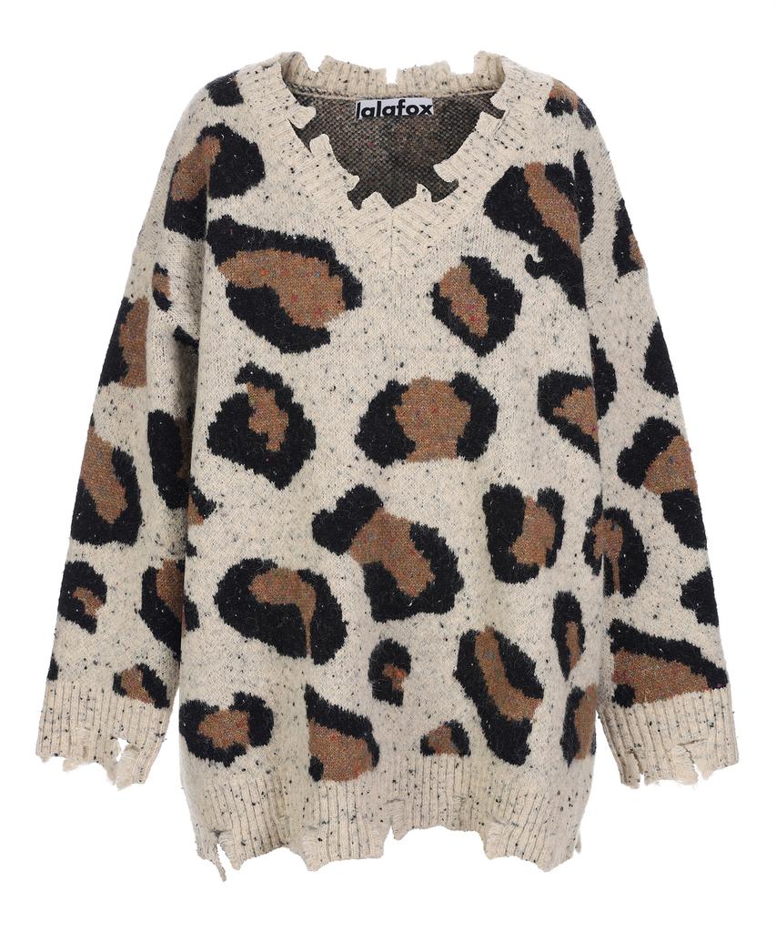 LALAFOX Leopard Print Knit Oversized T-Shirt Beige Bq4Kl005