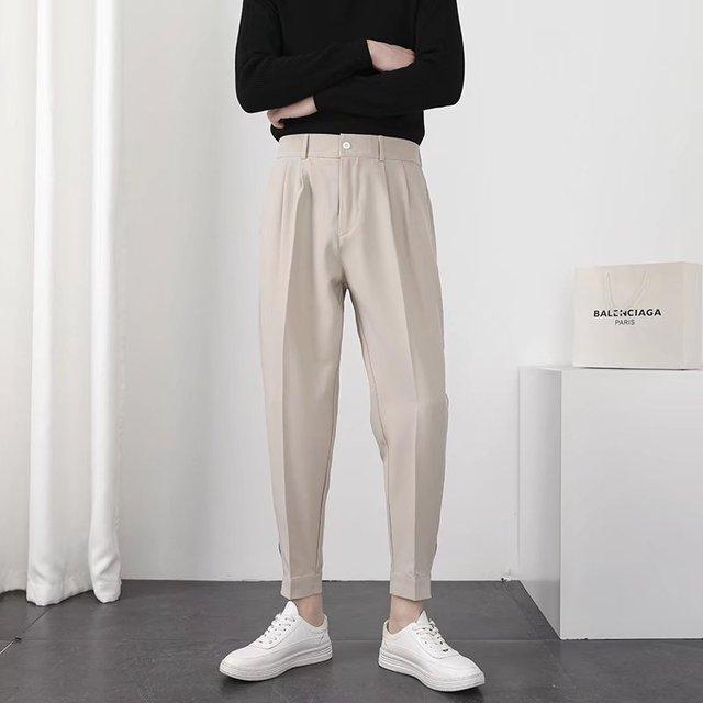 Fashion Men Casual Pants Elastic Waist Small Feet Slim Korean Style Pleated Tapered Male Blazer Pants