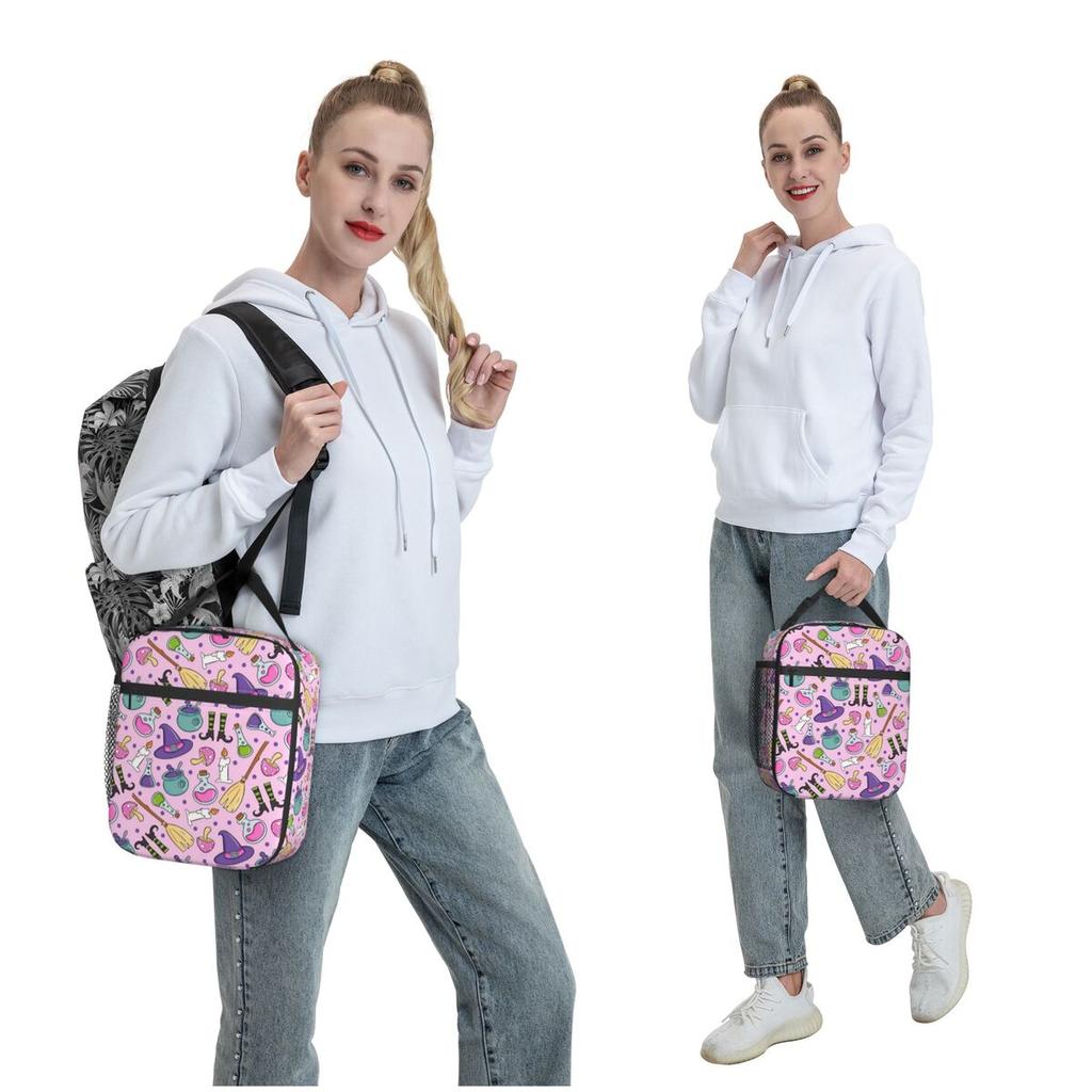 Cute Witches Halloween Element Pattern Insulated Lunch Bag for Women Children Portable Food Boxes Thermal Lunch Box Tote