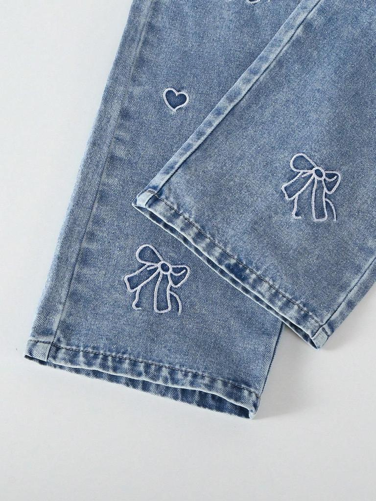 Girls' Single-Pack Embroidered Denim Jeans – Cute & Sweet Style with Bow and Heart Embroidery, Unique Acid-Wash Straight-Leg Fit