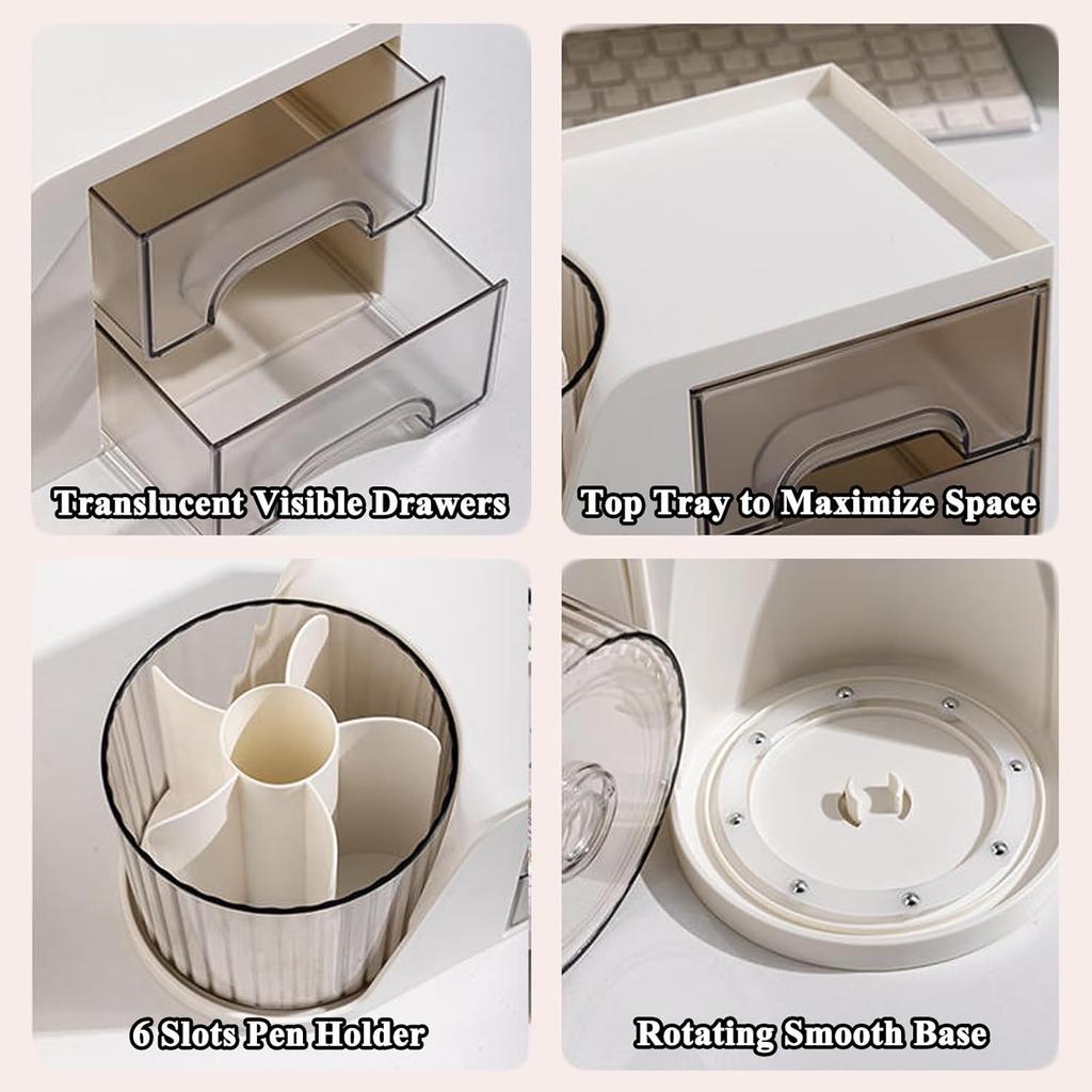 SAYEEC Rotating Desk Organizer with 2 Drawer 6 Slots Multi-Functional Pencil Pen Holder Desktop Makeup Organizer Stationery Accessories Storage Box