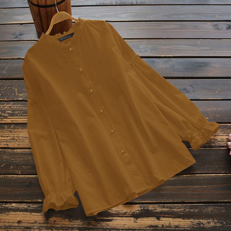 

ZANZEA Жіноча повсякденна вільна однотонна блуза з круглим вирізом і довгим рукавом коричневий