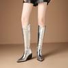 Western Women's Knee High Boots Genuine Leather Silver Cowboy Boot Pointed Wedges Heel Party Winter Shoes Ladies Big Size Brand