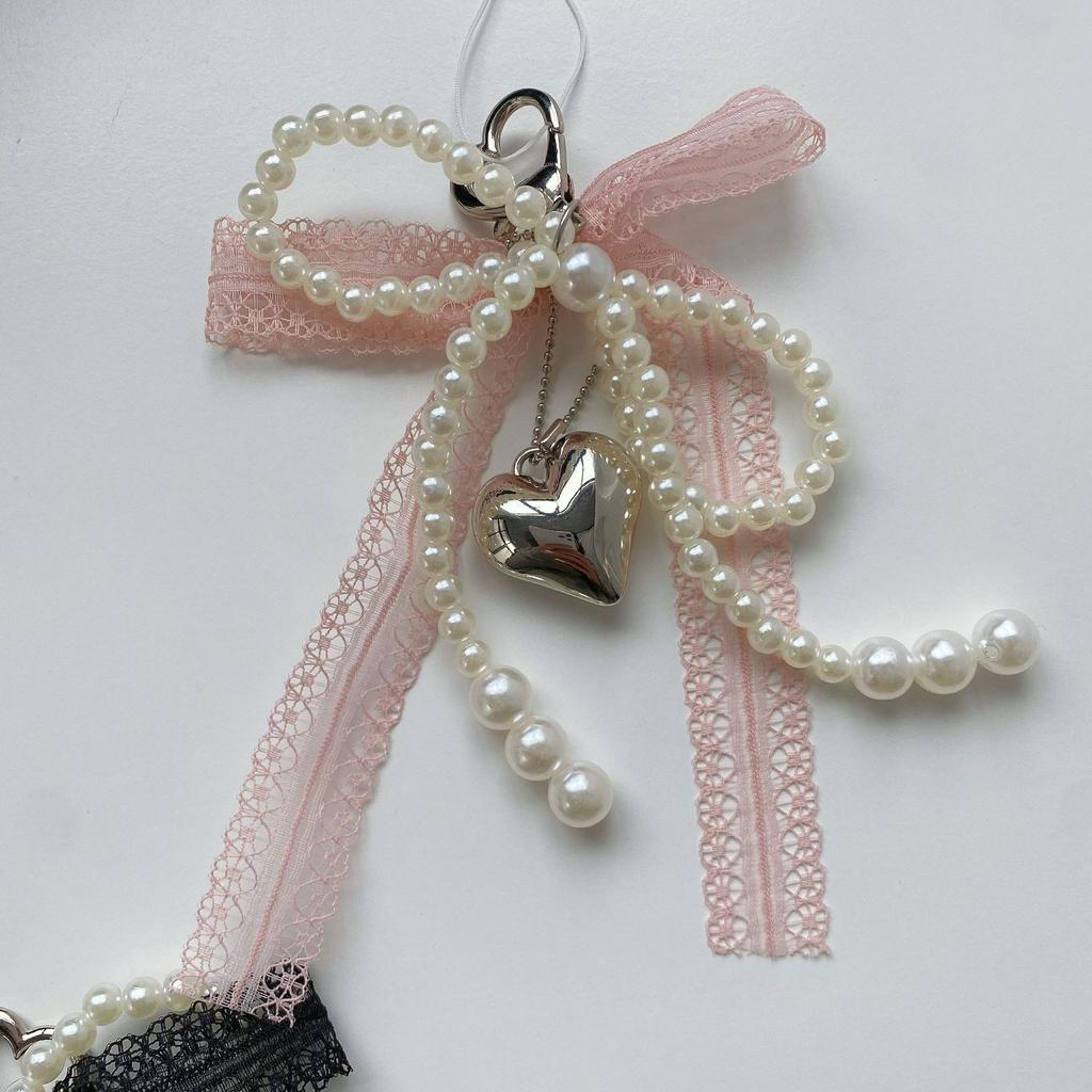 New Korean Sweet Pearl Bow Keychain Heart Pendant Keyring Y2K Aesthetic Key Holder for Girls Bag Pendant Accessories