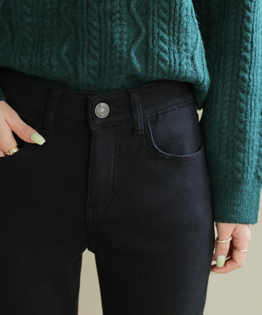 Ppaeppae Fleece-Lined Inner Elastic Black Straight Cotton Pants
