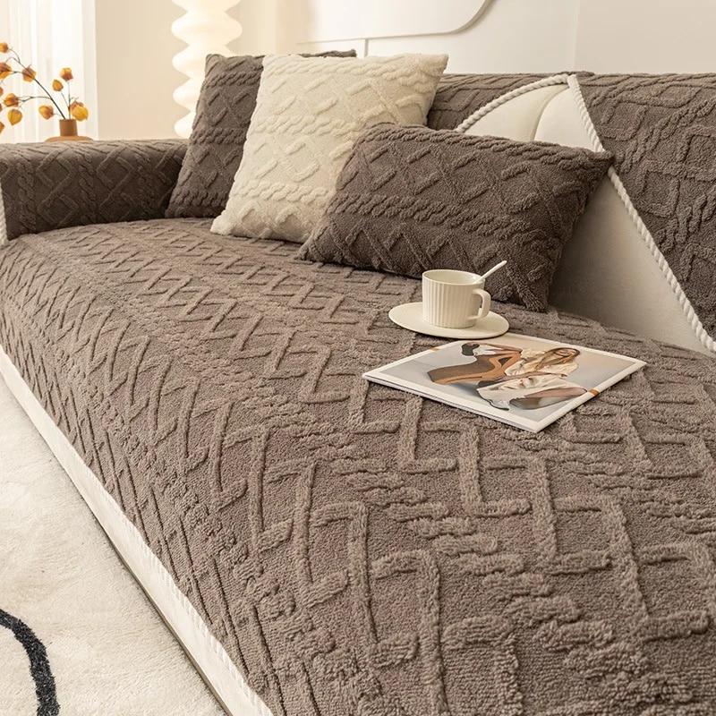 Sofa Protector Home Decor Fleece Sofa Cover for Winter Sofa Seat Slipcovers Solid Color Plush Jacquard Housse Canape Dangle