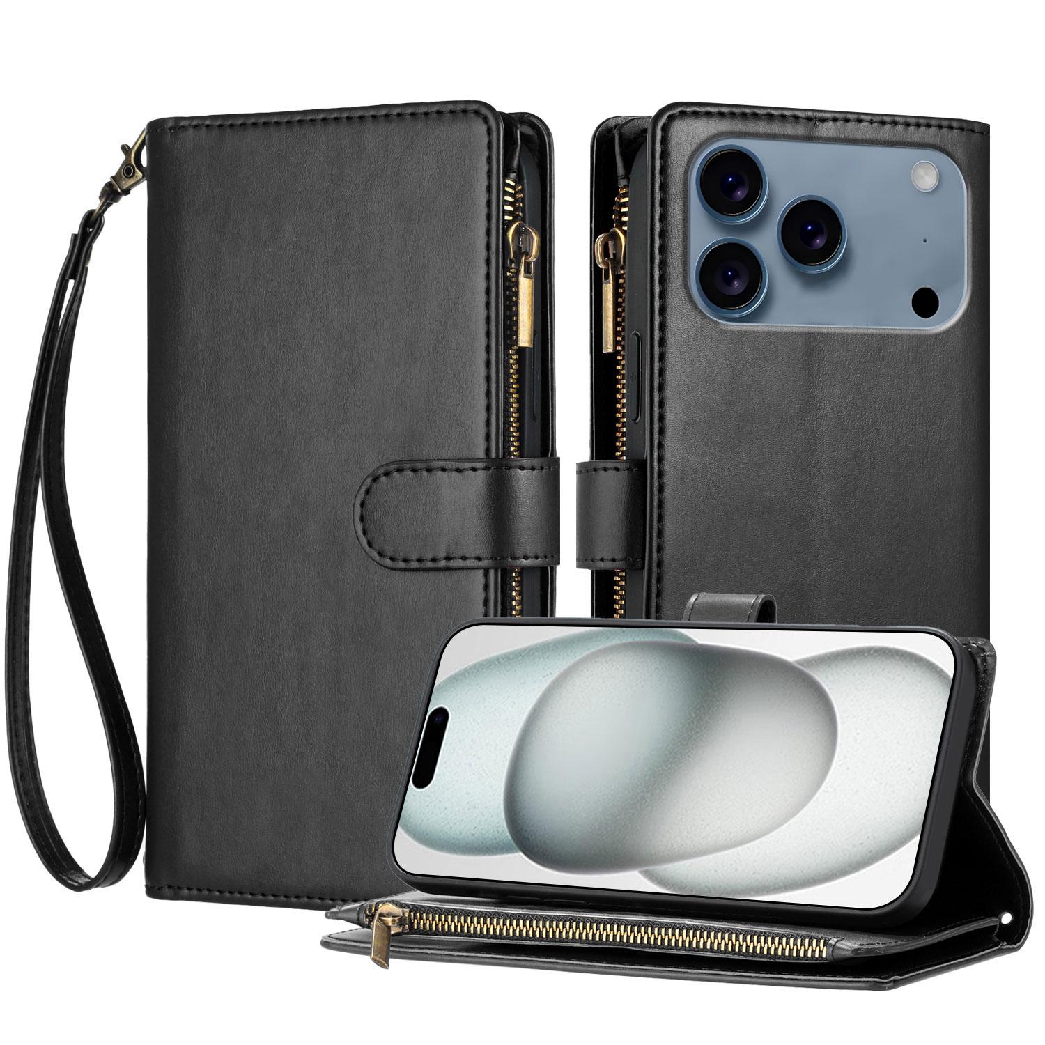 

For iPhone 17 Pro Max Leather Case Zipper Wallet Stand Shockproof Phone Cover with Wrist Strap