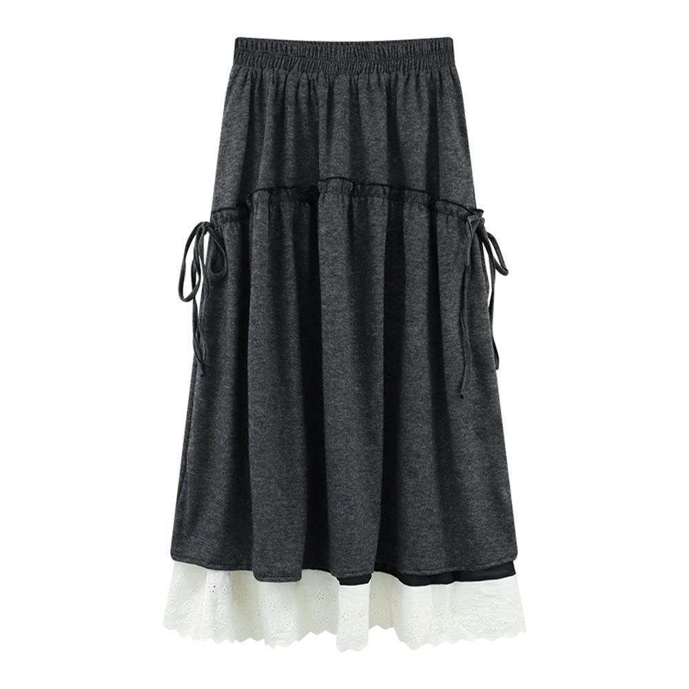 Korean-Style Sweet Lace Trim Patchwork Midi Skirt - Autumn/Winter A-line Retro High-Waist for Women
