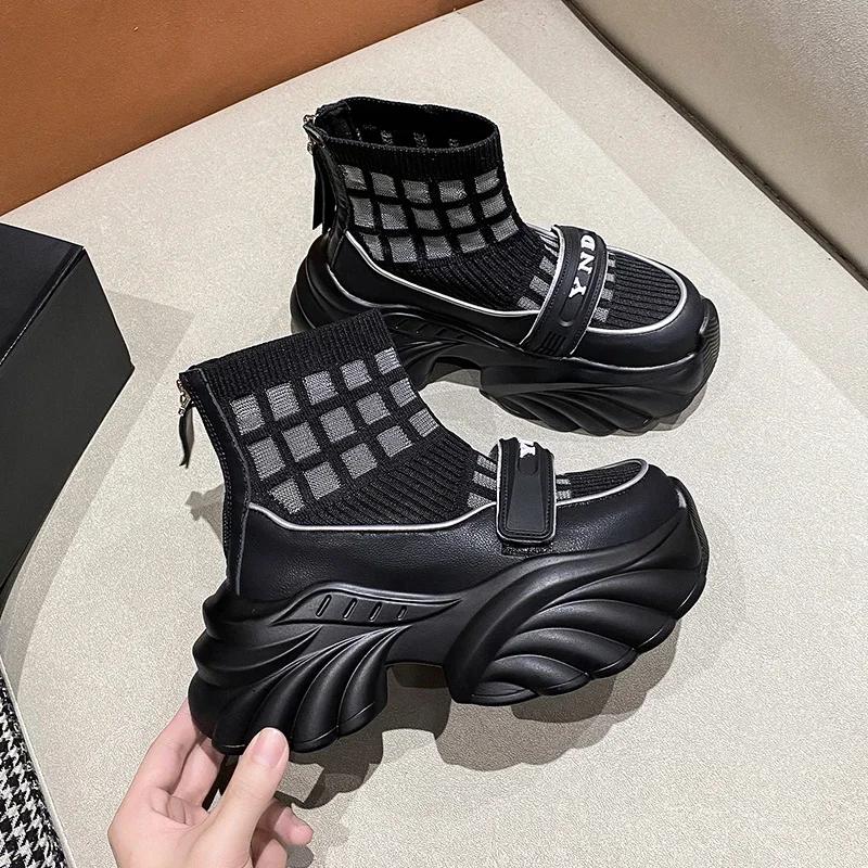 Fashion Knitting High Platform Sneakers Women Autumn Thick Bottom Short Sock Boots Non-slip Motorcycle Chunky Shoes Booties Mujer 8.5CM