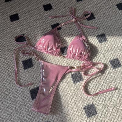 2Pcs/Set Women Sexy Bikini Set Bright Surface Faux Pearl Halter Bra Lace-up Thong Set Quick Drying Swimwear Beachwear