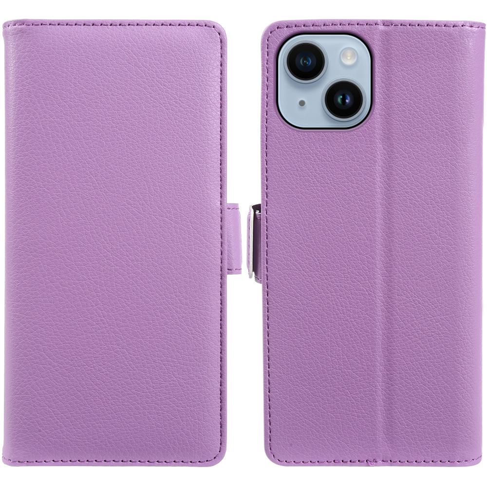 For iPhone 14 Wallet Case with Dual Magnetic Clasp Litchi Textured Leather Flip Stand Phone Cover