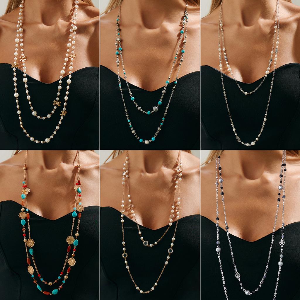 Temperament Imitation Pearl Stacked Long Necklace Female, Retro Ethnic Wind Star-Shaped Fringed Sweater Chain